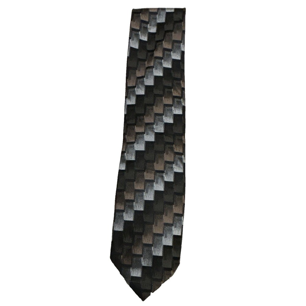 Peacock Handmade Pure Silk Woven Geometric Tie Black Gray Brown, Classic Length